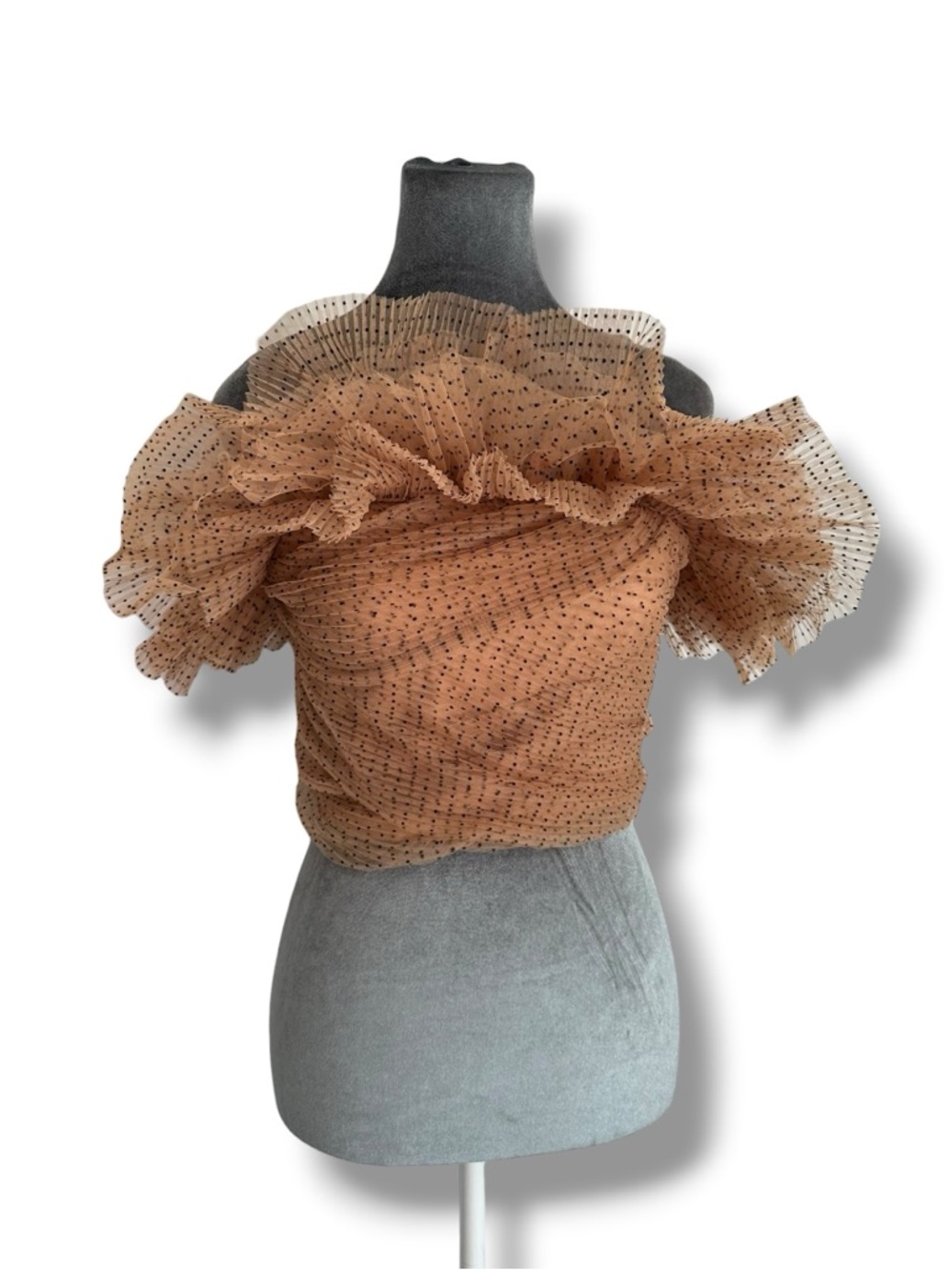 Zara Nude Mesh Tulle Black Polka Dot Ruffle Crop Tube Top Small Limited Edition - Picture 10 of 15